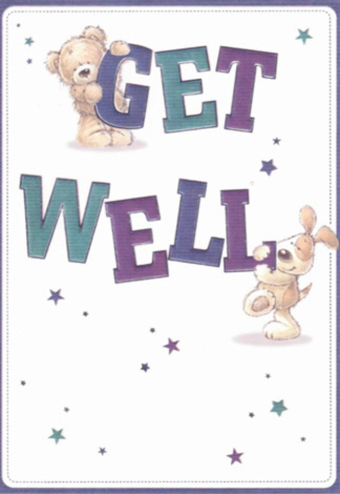 This whimsical get well card effortlessly captures the gentle encouragement found in Harmondsworth's close-knit neighbourhoods. Against a clean, soft white background, a kind-eyed bear reclines atop jovial letters spelling 'GET,' rendered in luminous shades of purple and blue-green that hint at the morning mists rolling over Harmondsworth's fields. Alongside, a lively puppy nuzzles the word 'WELL,' its floppy ears and textured fur drawn with such tenderness they seem palpable even from a distance. Starbursts shimmer and dance across the scene in azure and deep plum, like the twinkle of distant airport lights, symbolising hope and perseverance. The typography is bold yet welcoming, almost as if inviting a personal greeting straight from a friend in the village. Every visual element, from the soft gradients in the characters' coats to the confident strokes of the lettering, has the careful balance found in a bouquet sent from Harmondsworth Florist to cheer a friend along Summerhouse Lane. This card becomes a gentle, sensory embrace-its airy mood and emotive detail helping to lift spirits and foster resilience, one heartfelt message at a time.
